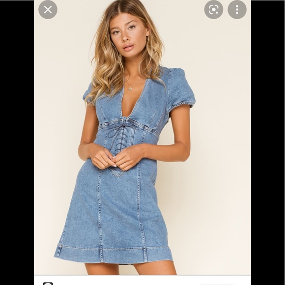 FREE PEOPLE Grey Denim Lace Up Mini Dress Sz L - Picture 4 of 7